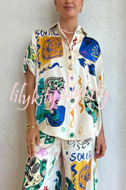 Sun Tribe Satin Unique Print Button Down Oversized Blouse