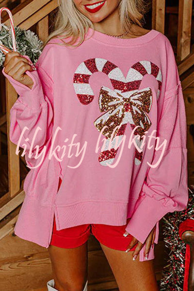 Candy Cane Lane Sequined Pullover Long Sleeved Sweatshirt