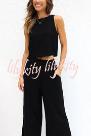 Khiara Basic Button Crop Top and Pocketed Pants Set