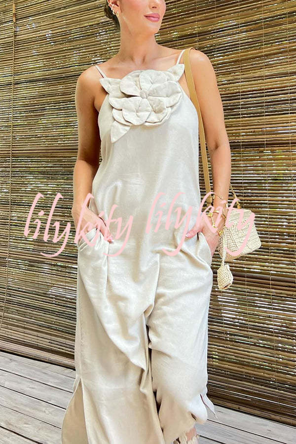 Vacay Ready Linen Blend Floral Embellishment Pocketed Slit Maxi Dress