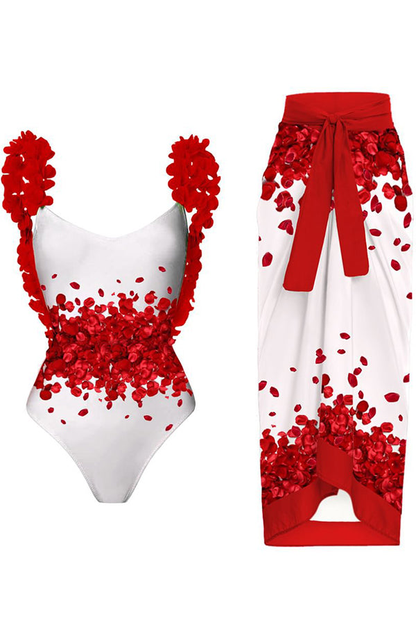 Floral Print Halter Swimsuit and Lace Up Floral Print Skirt