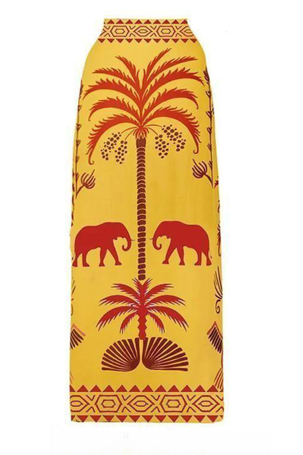 Color Block Art Elephant Print High Waist Bikini And Skirt