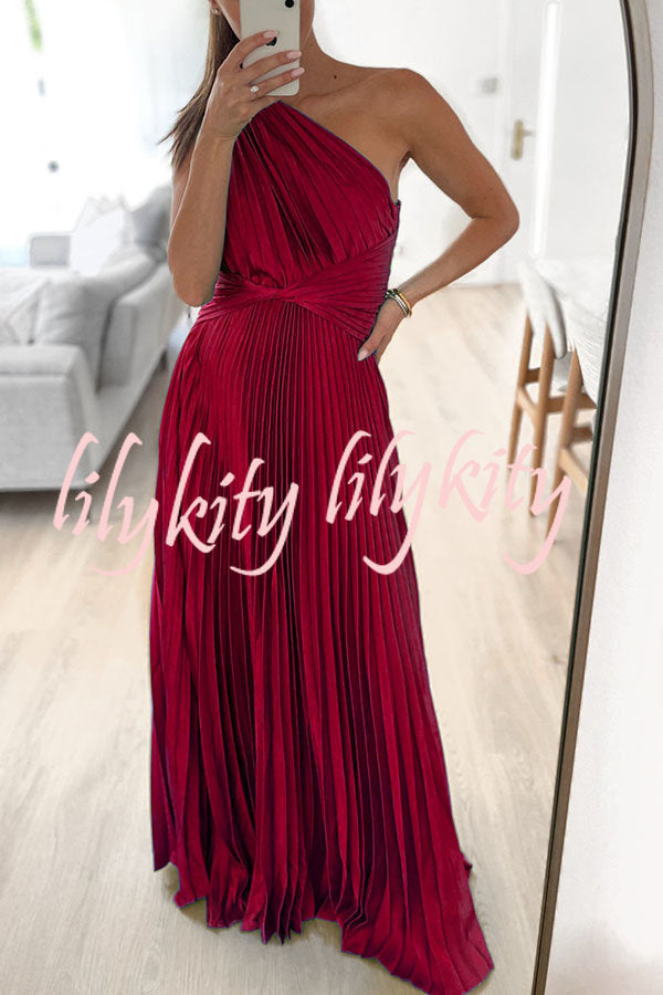 Keira One Shoulder Pleated Satin Maxi Dress