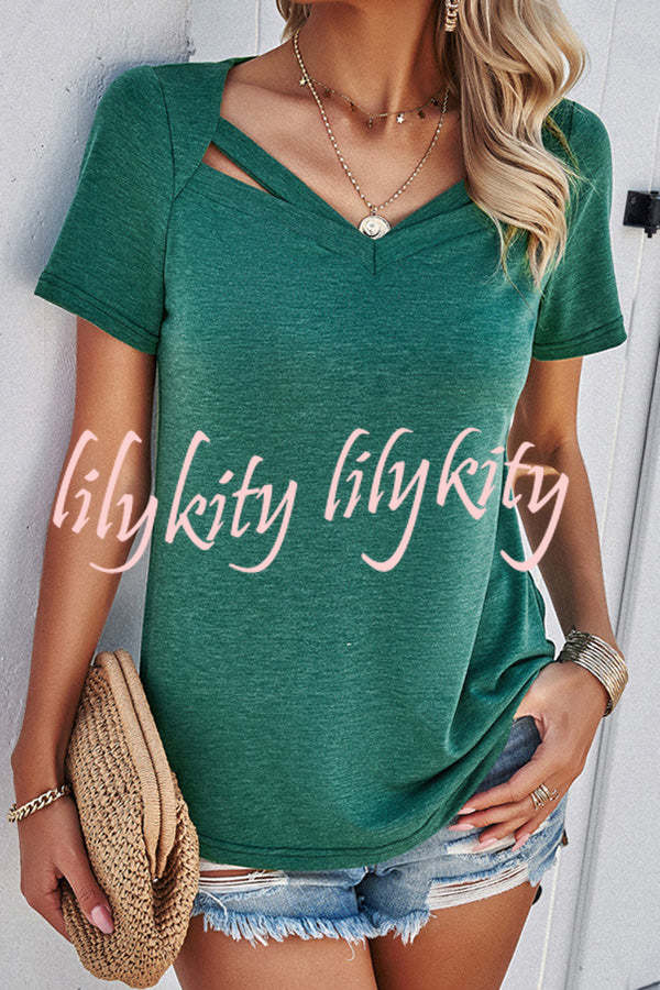 Casual Solid Color Short Sleeved V Neck Hollow T-Shirt