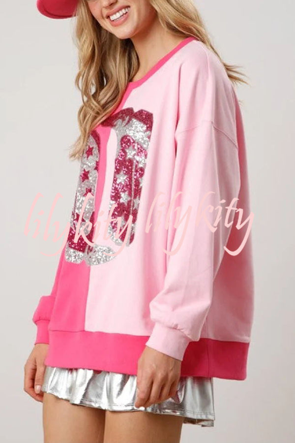 Valentine's Day Sequin Boots Color Block Long Sleeve Sweatshirt