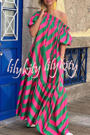 Exquisite Striped Patchwork Bell Sleeve Pocket Maxi Dress