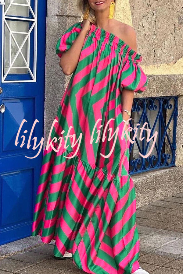 Exquisite Striped Patchwork Bell Sleeve Pocket Maxi Dress