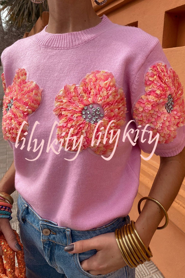 Contrast Color Floral Crew Neck Short Sleeved Sweaters