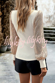 Sequined Paneled Knitted Long Sleeved Shirts