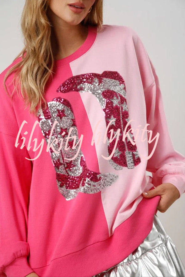 Valentine's Day Sequin Boots Color Block Long Sleeve Sweatshirt