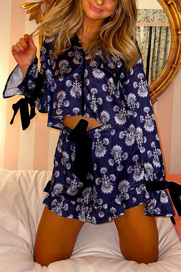 Weekend Retreat Satin Printed Velvet Bows Elastic Waist Pocket Pajama Shorts Set