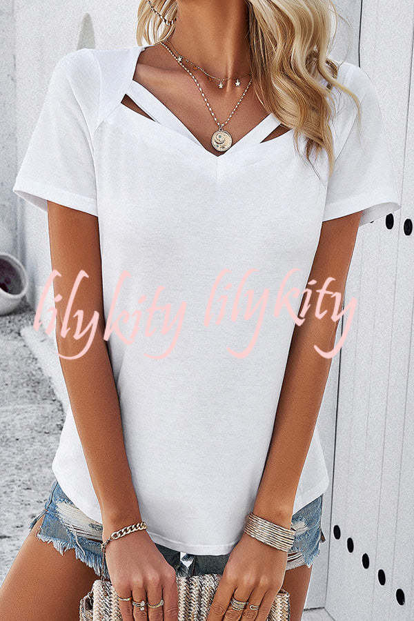 Casual Solid Color Short Sleeved V Neck Hollow T-Shirt