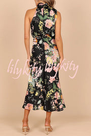 Wine Country Dates Floral Halter Neck Elastic Waist Maxi Dress