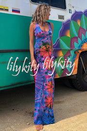 La Bamba Tie-dye Print Back Lace-up Stretch Maxi Dress