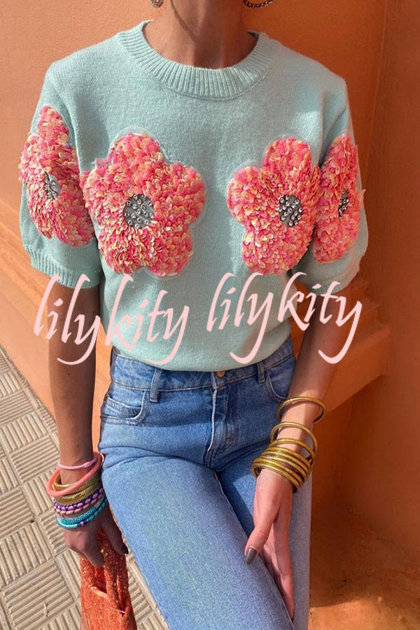 Contrast Color Floral Crew Neck Short Sleeved Sweaters