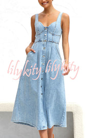 Spring Fling Washed Denim Button Pocket Back Smocked Midi Dress