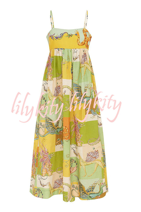 Dragon Family Printed Linen Blend Pocketed Back Knotted Midi Dress