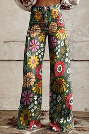 Casual Floral Print Button Pocket Wide Leg Pants