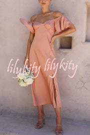 Pure Love Satin Butterfly Sleeve Slit Midi Dress