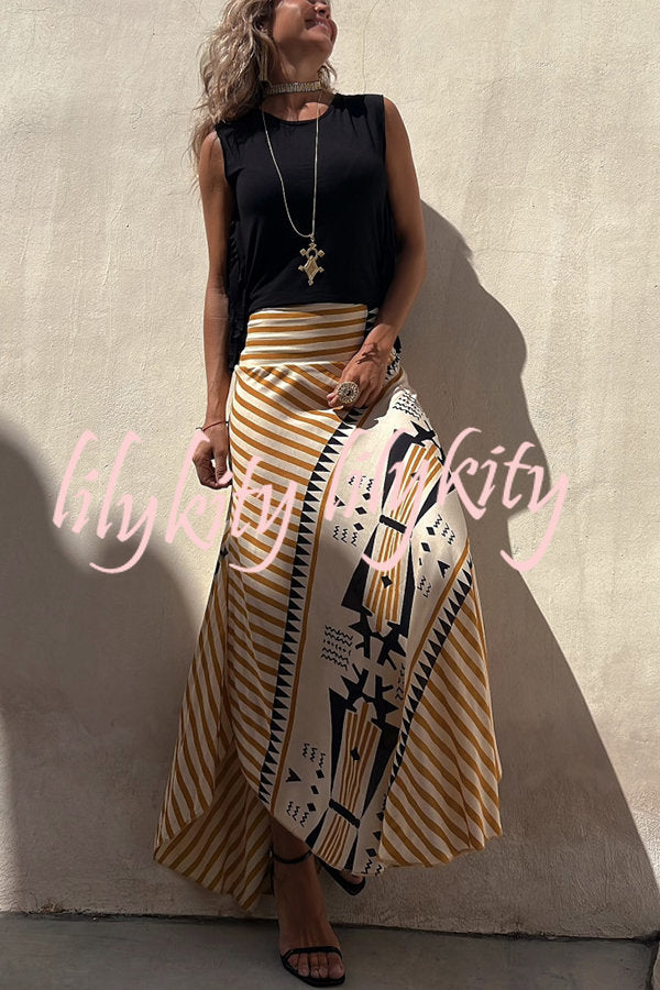 Eva Satin Geometric Print Elastic Waist Maxi Skirt