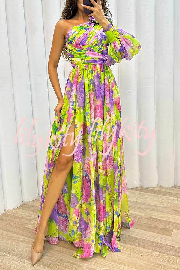 Let's Elope Floral Print Pleated One Shoulder Sleeve Slit Maxi Dress