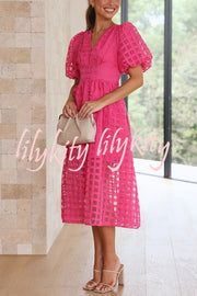 Remarkable Beauty Square Patterned Fabric Puff Sleeve Midi Dress