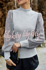 Sequined Paneled Knitted Long Sleeved Shirts