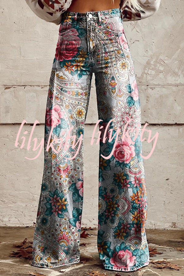 Casual Floral Print Button Pocket Wide Leg Pants