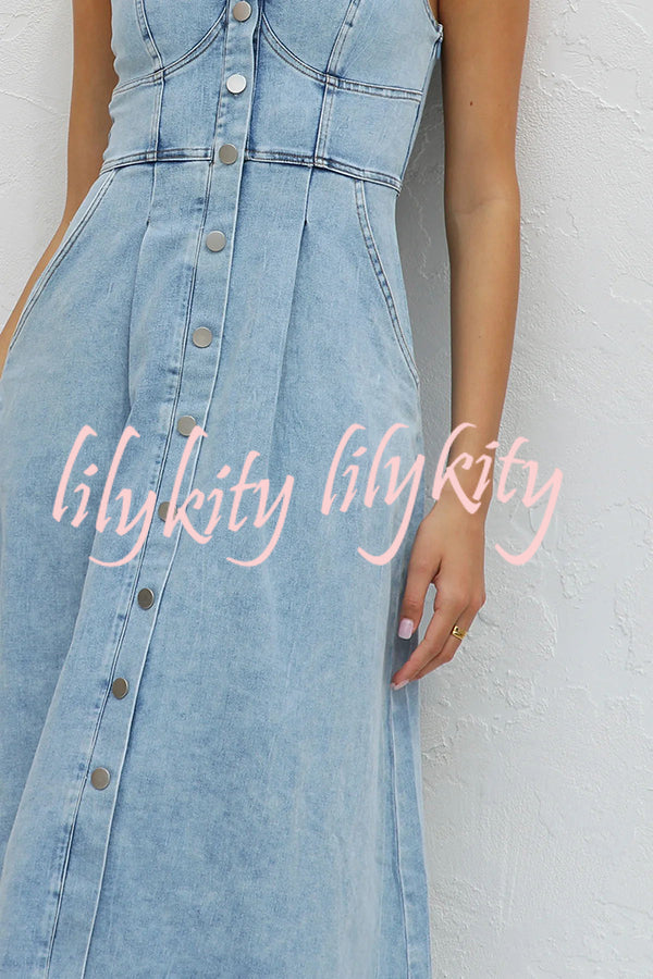 Spring Fling Washed Denim Button Pocket Back Smocked Midi Dress