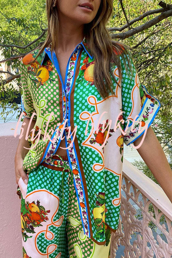 Enjoy Summer Lemon Satin Unique Print Button Down Oversized Blouse