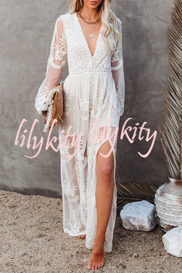 Fairy Air Fluttering V-neck See-through Lace Dress