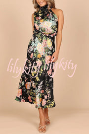 Wine Country Dates Floral Halter Neck Elastic Waist Maxi Dress