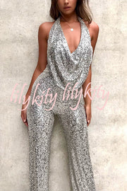 Shimmering Halter Style Drape Neck Wide Leg Jumpsuit