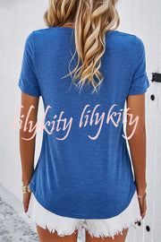 Casual Solid Color Short Sleeved V Neck Hollow T-Shirt