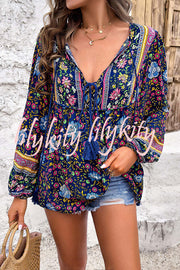 Intricate Floral Print V Neck Lace Up Paneled Long Sleeve Shirt