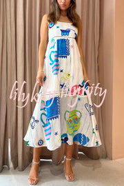 She's The Fun Linen Blend Playful Print Ladder Trim Midi Dress