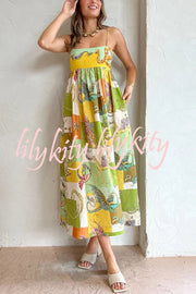 Dragon Family Printed Linen Blend Pocketed Back Knotted Midi Dress