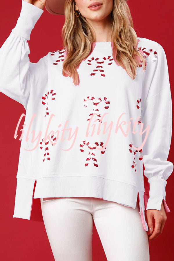 Sequined Candy Cane Crew Neck Pullover Sweatshirt