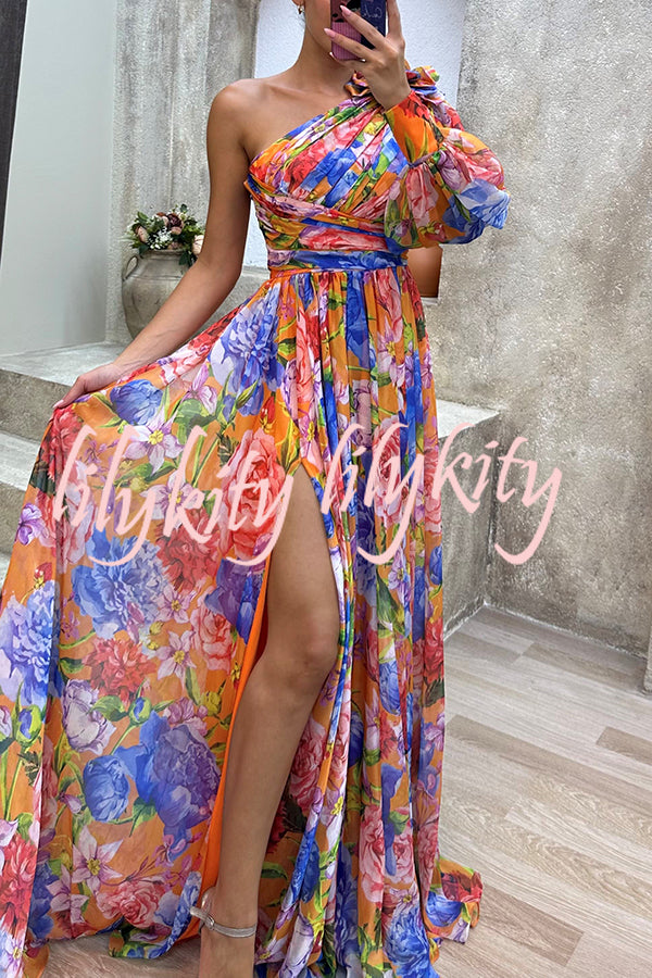 Let's Elope Floral Print Pleated One Shoulder Sleeve Slit Maxi Dress