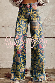 Casual Floral Print Button Pocket Wide Leg Pants