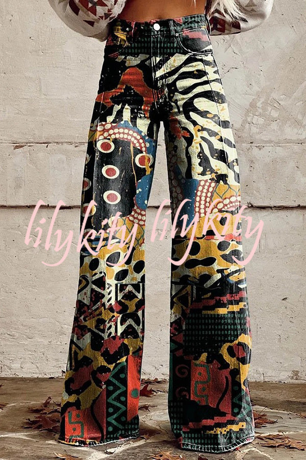 Beautiful Unique Print Button Pocket Wide Leg Pants