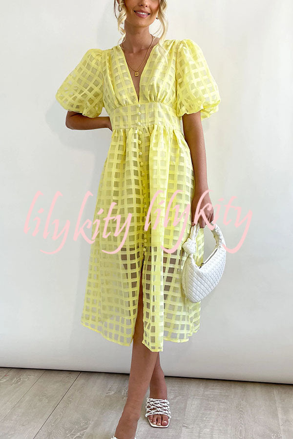 Remarkable Beauty Square Patterned Fabric Puff Sleeve Midi Dress