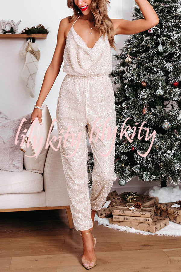 Cheers To Me Sequin Halter Elastic Waist Jumpsuit