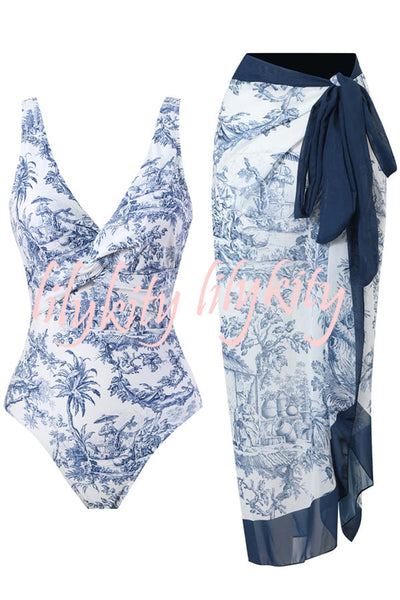 Lake View Print Sling Swimsuit and Bow Tie Lace Up Skirt