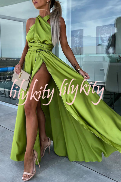 Different Elegant Effects Satin Free Tie Neck Slit Maxi Dress