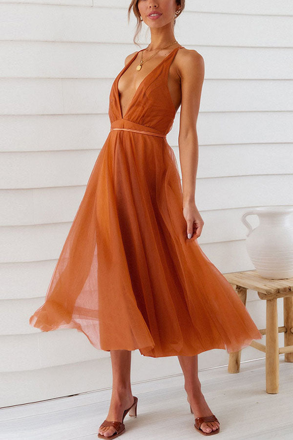 Feeling Romantic V Neck Tulle Midi Dress