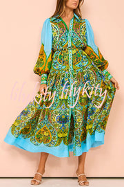 Feeling Butterflies Multi Unique Print Balloon Sleeve Belt Shirt Midi Dress