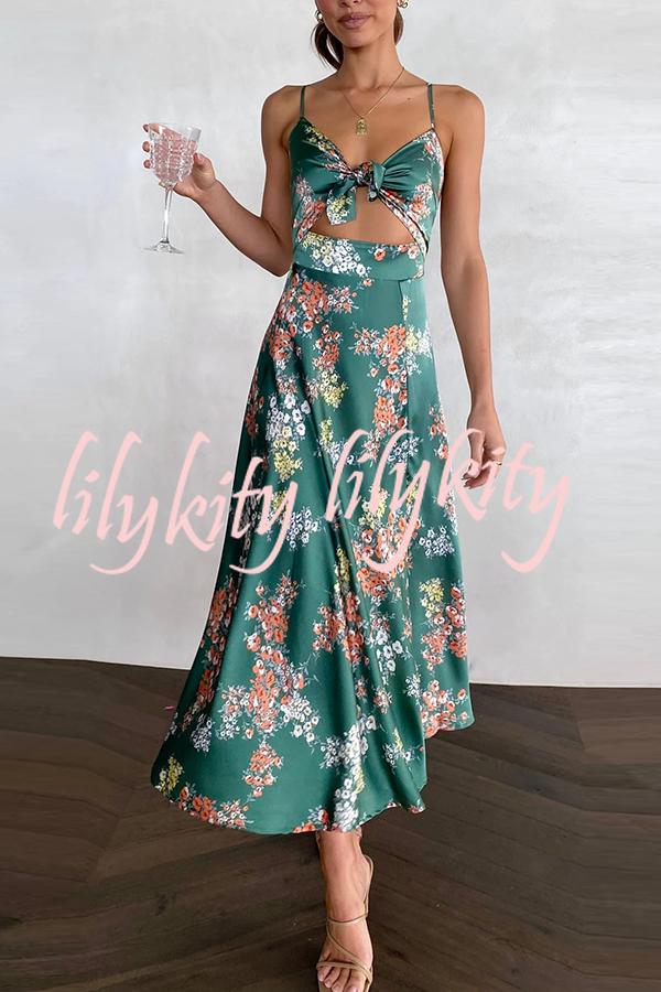 Dreamers Satin Floral Tie Up Slit Midi Dress