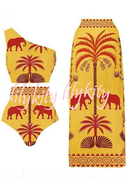Color Block Art Elephant Print High Waist Bikini And Skirt