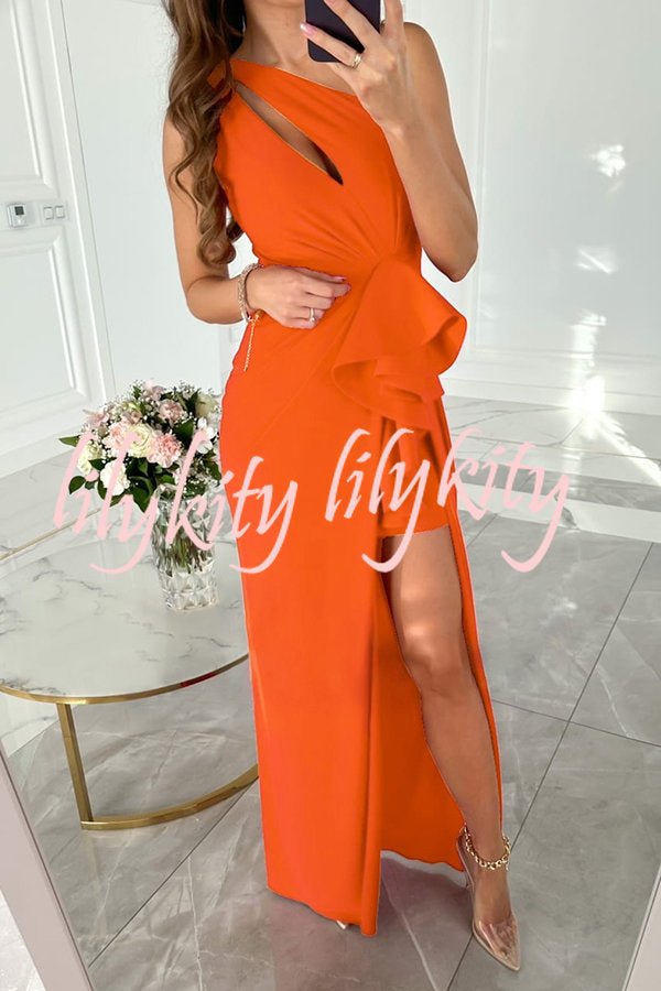 Forever Luxe One Shoulder Cutout Ruffle Split Maxi Dress